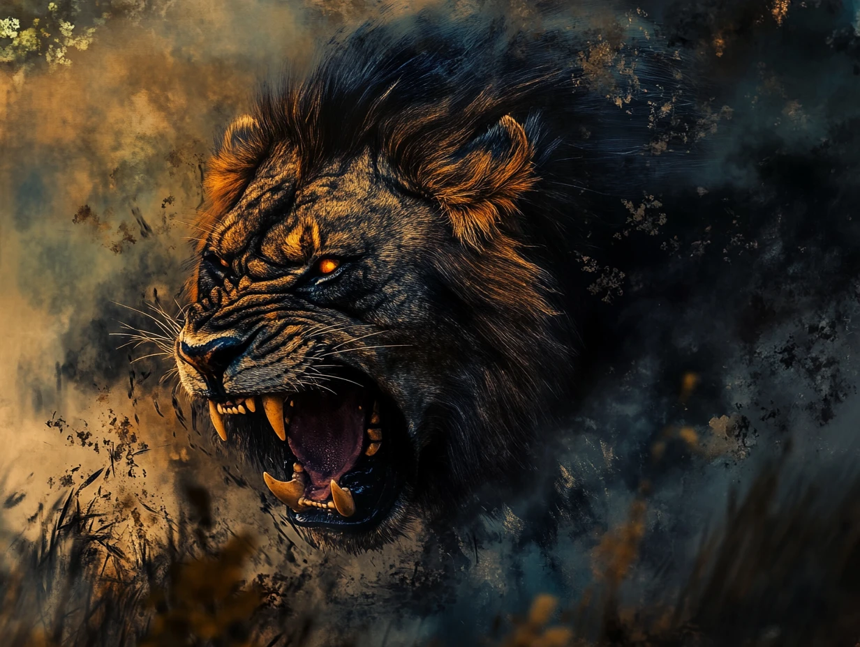 Lion on the hunt with sinister possessed expression