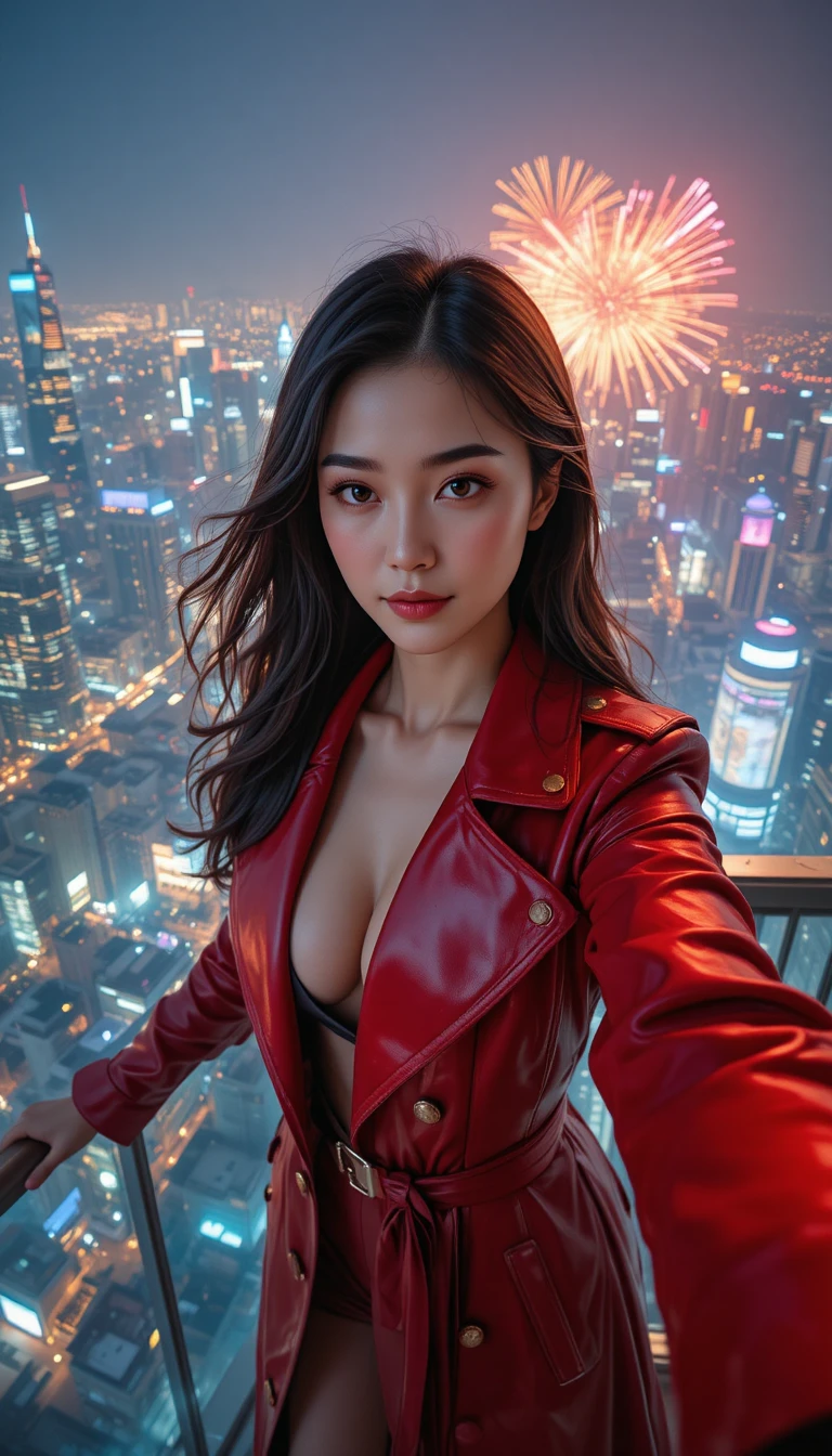 紅色大衣韓國女特務在城市煙火上方自拍