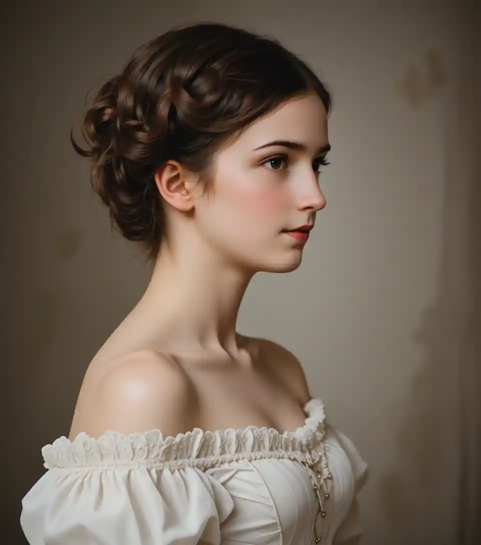 Young lady in half profile wearing a white vintage dress