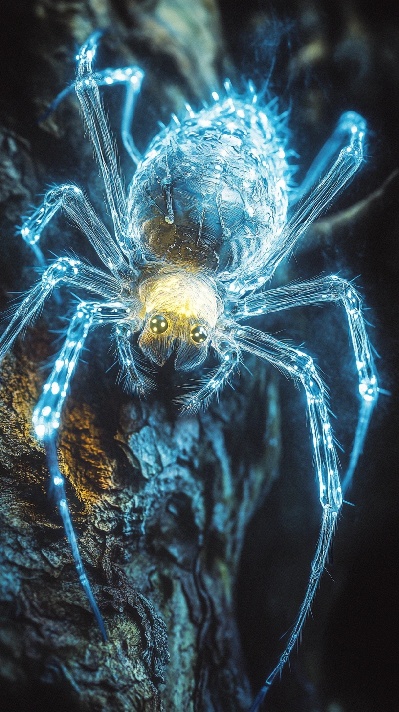 Araignée cybernétique néon sur un arbre en gros plan lumineux