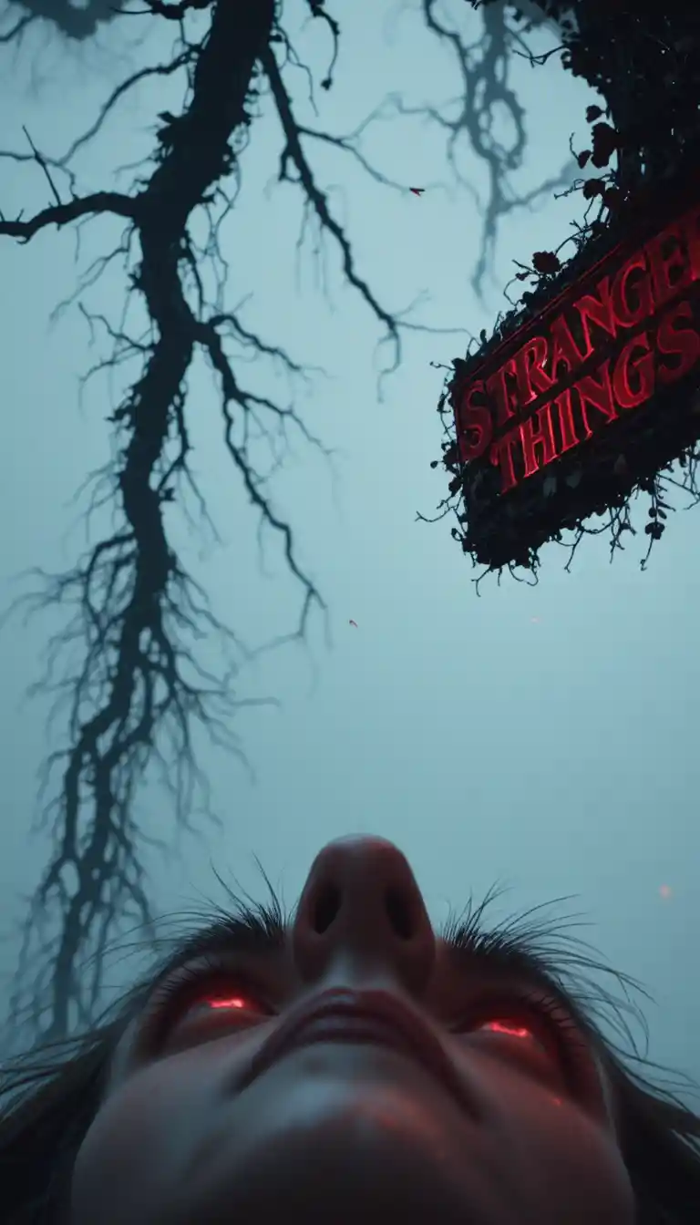 Terrified woman gazing at red portal in upside down sky