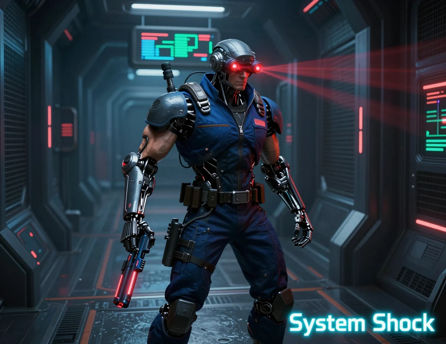 Cyborg-Wachmann zielt mit Neon-Handfeuerwaffe im Sci-Fi-Korridor