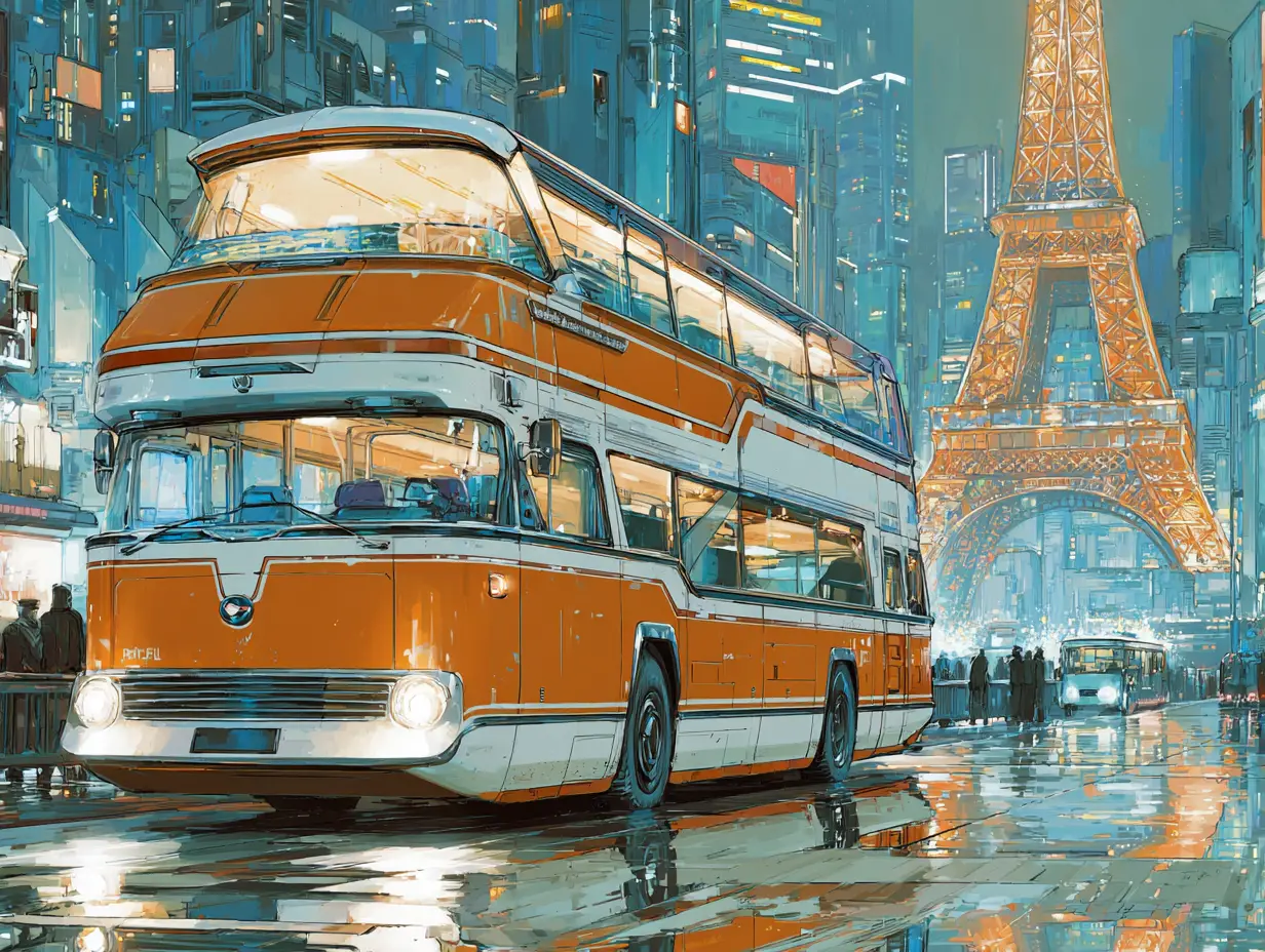 Retro futuristic Paris bus gliding through neon city streets