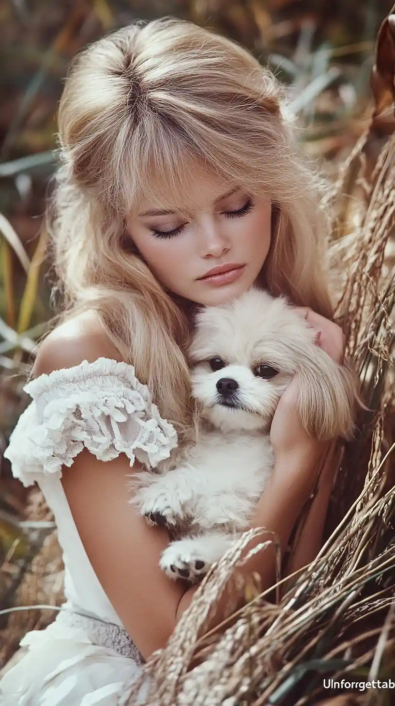 Brigitte Bardot holding a fluffy dog in sunny French garden