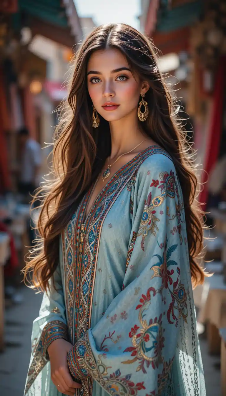 Elegant Moroccan woman in traditional dress at city souk