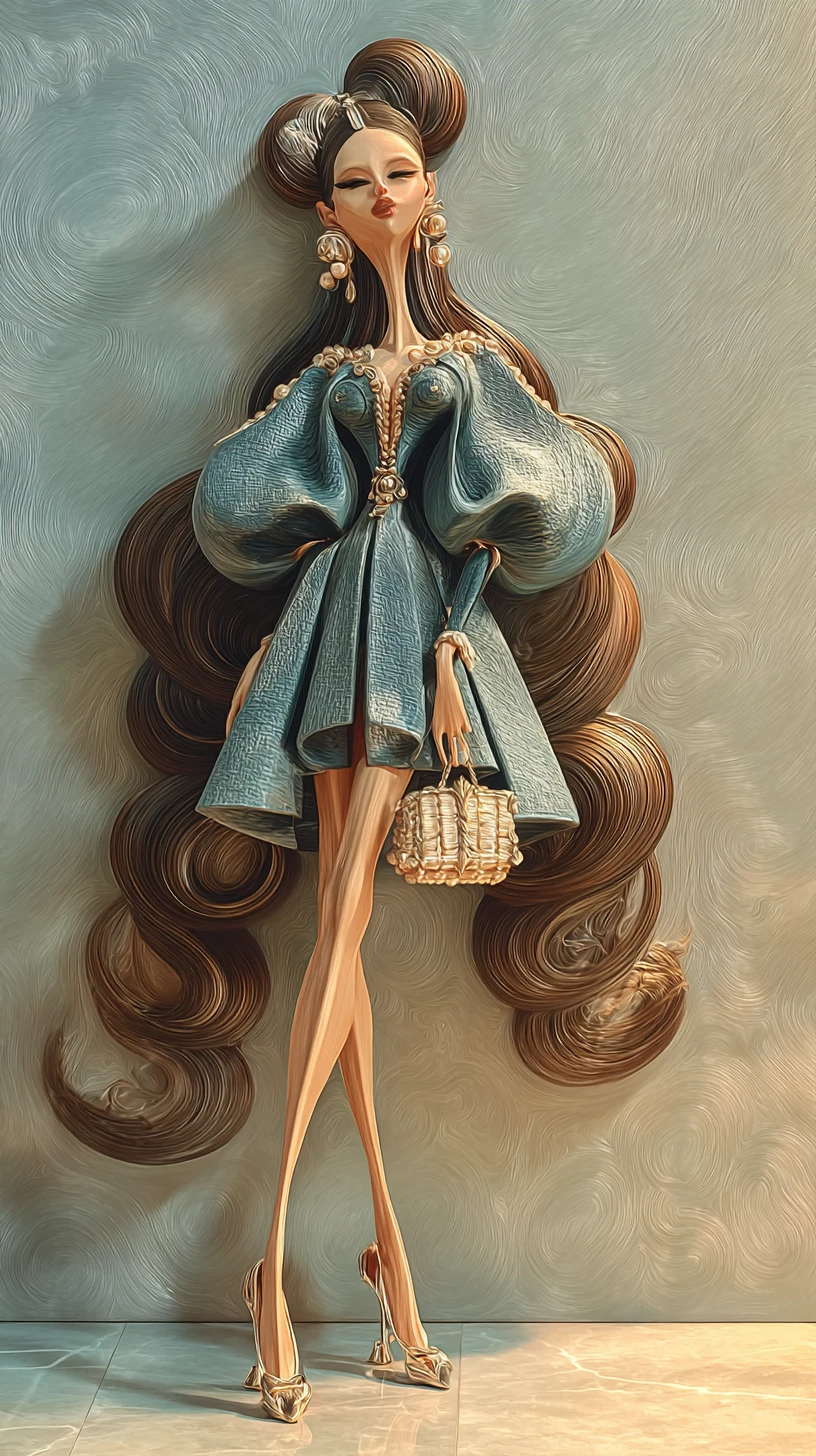 Surreal fashion woman with flowing hair in abstract interior