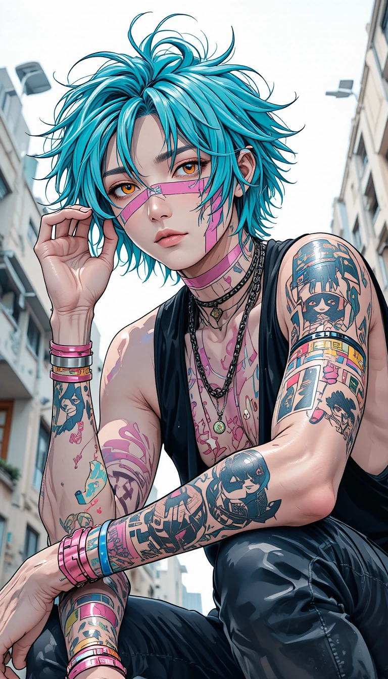 シアンヘアとアーバンパンクアクセのデコラ系アニメ男子