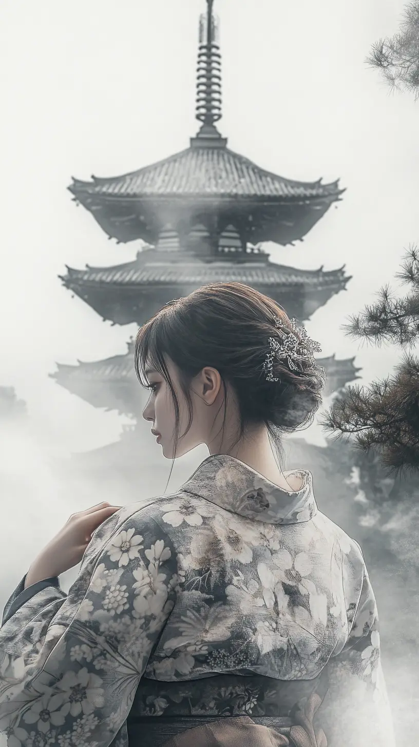 Woman in kimono before misty pagoda in monochrome style
