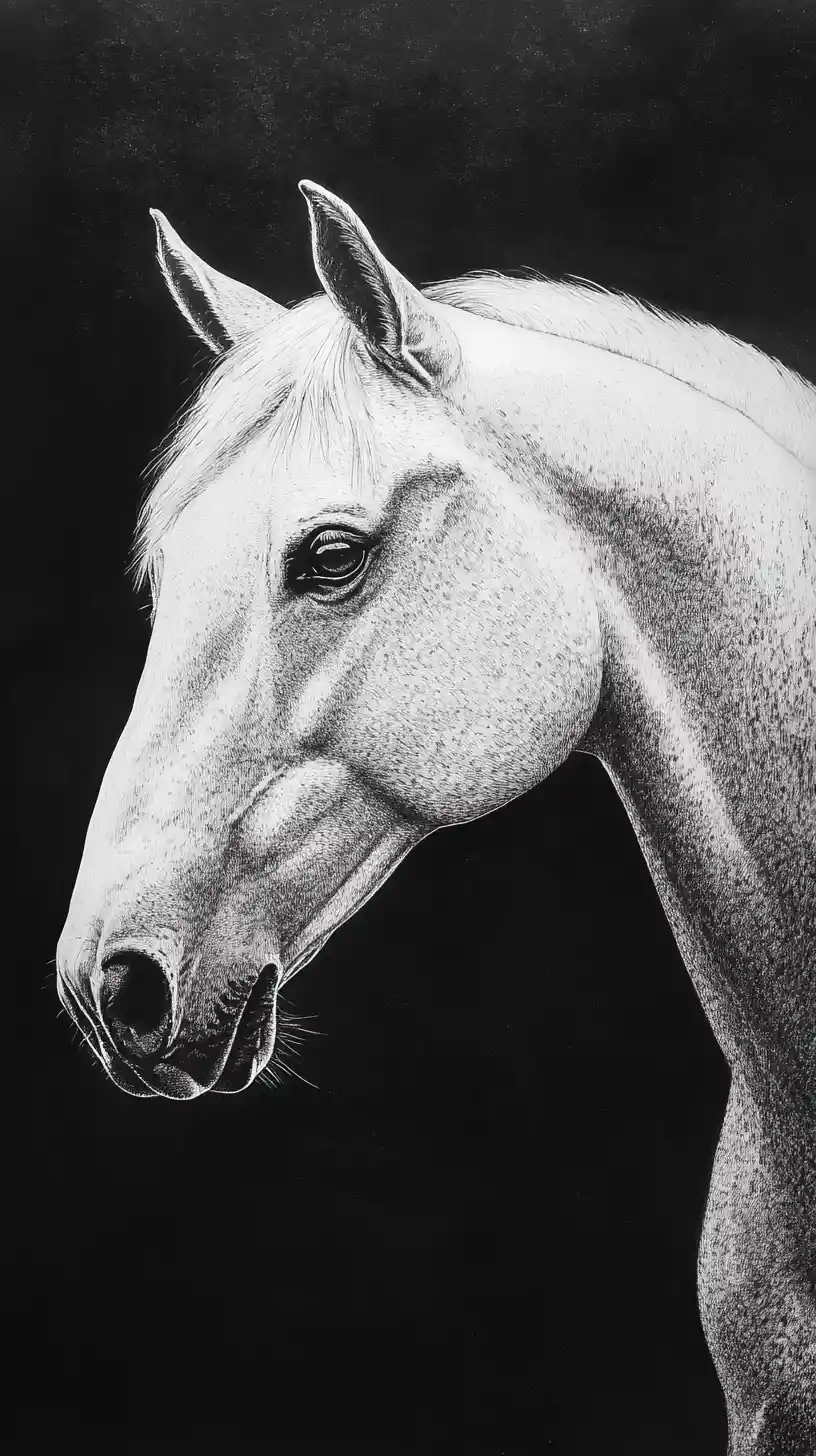 White arabian horse portrait on black paper in charcoal