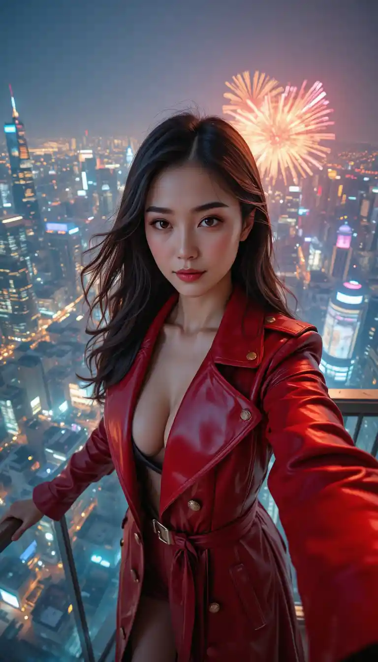 Korean agent in red coat taking selfie over city fireworks