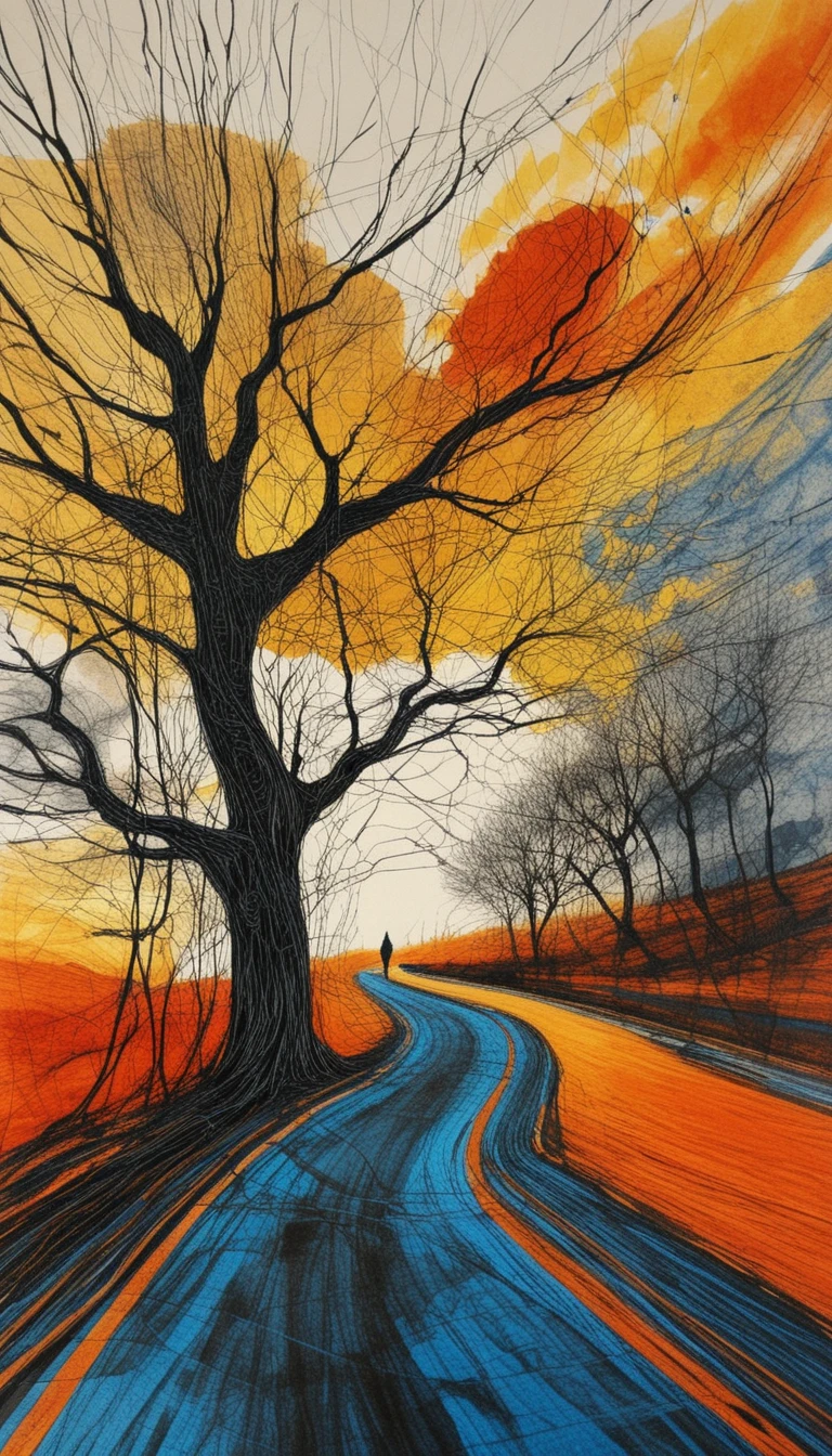 Abstract line art tree with winding path and figure