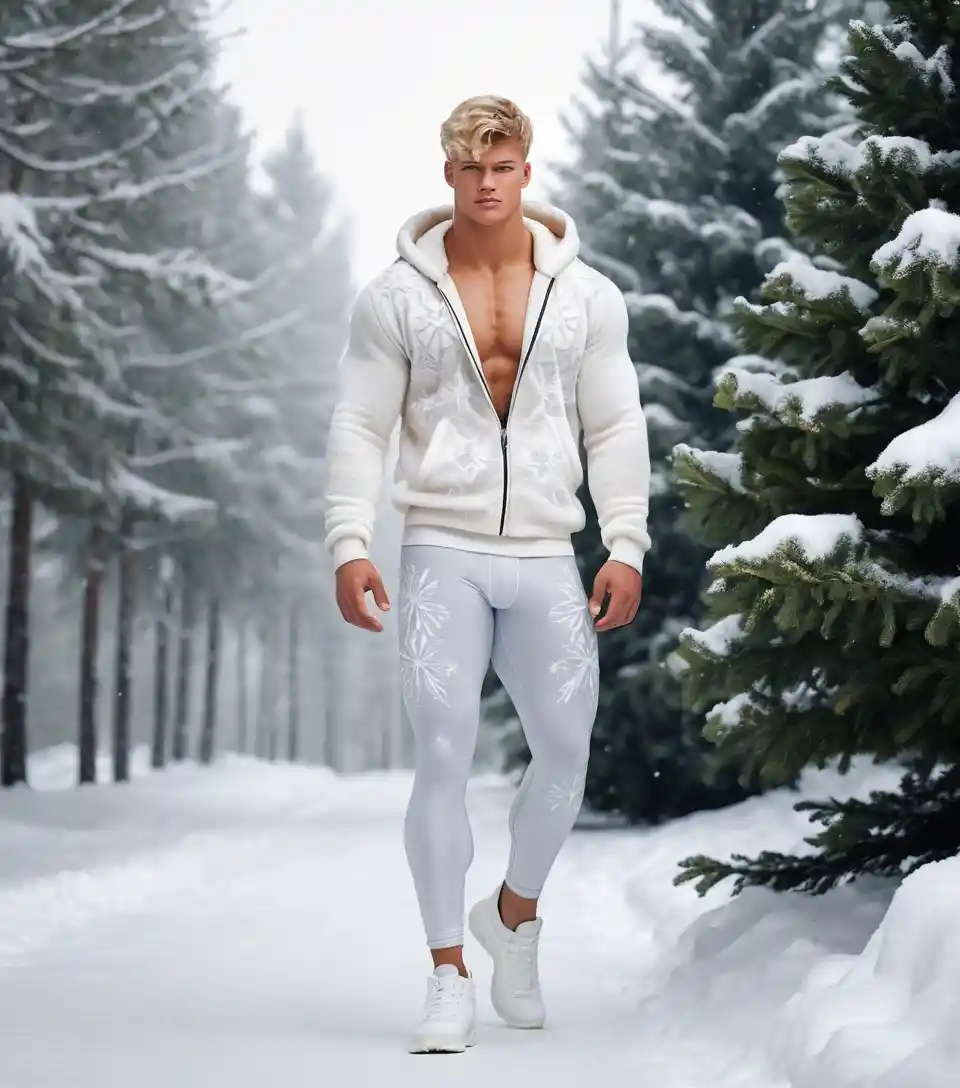 Young man in winter leggings walking on snowy path