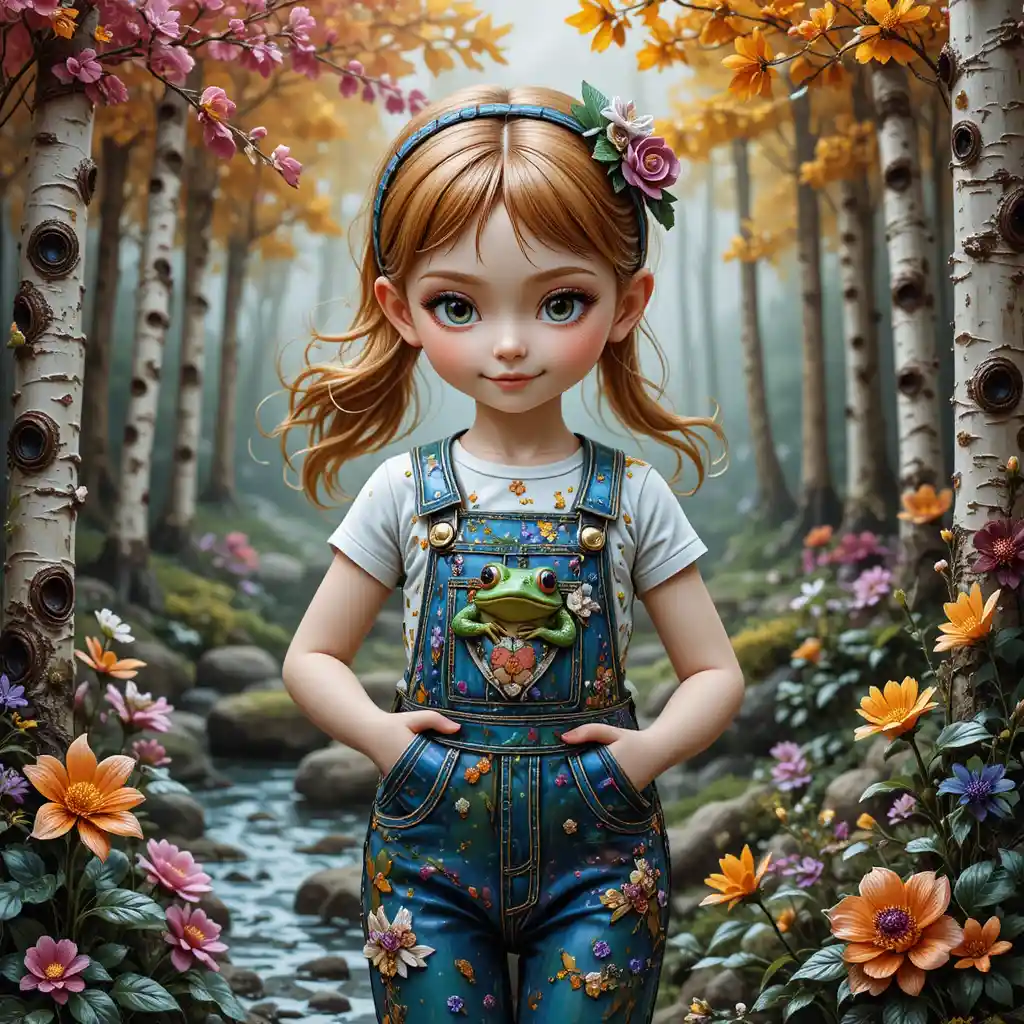 Whimsical glass portrait of a mischievous girl with frog
