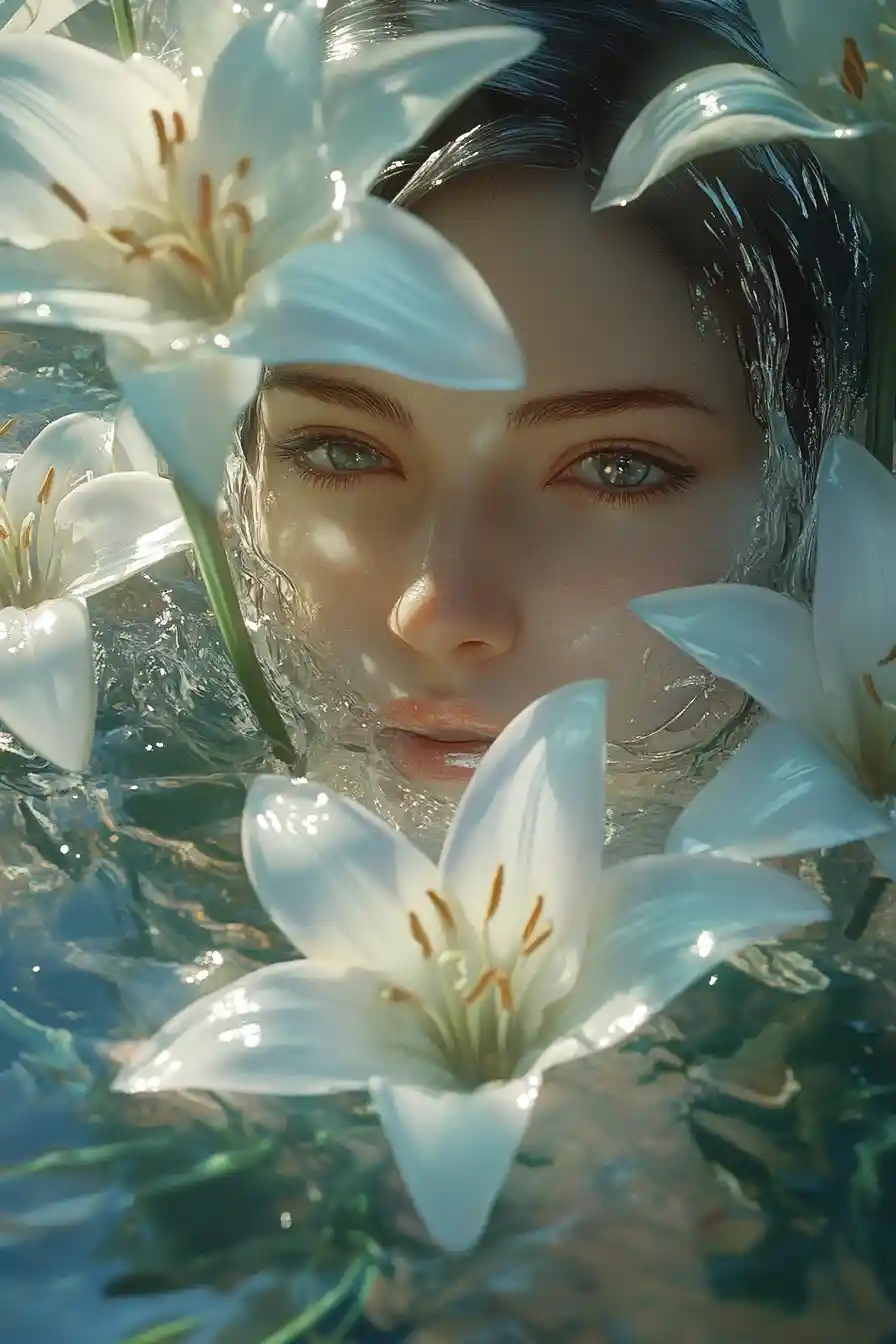 Ethereal woman rising from lilies in tranquil water