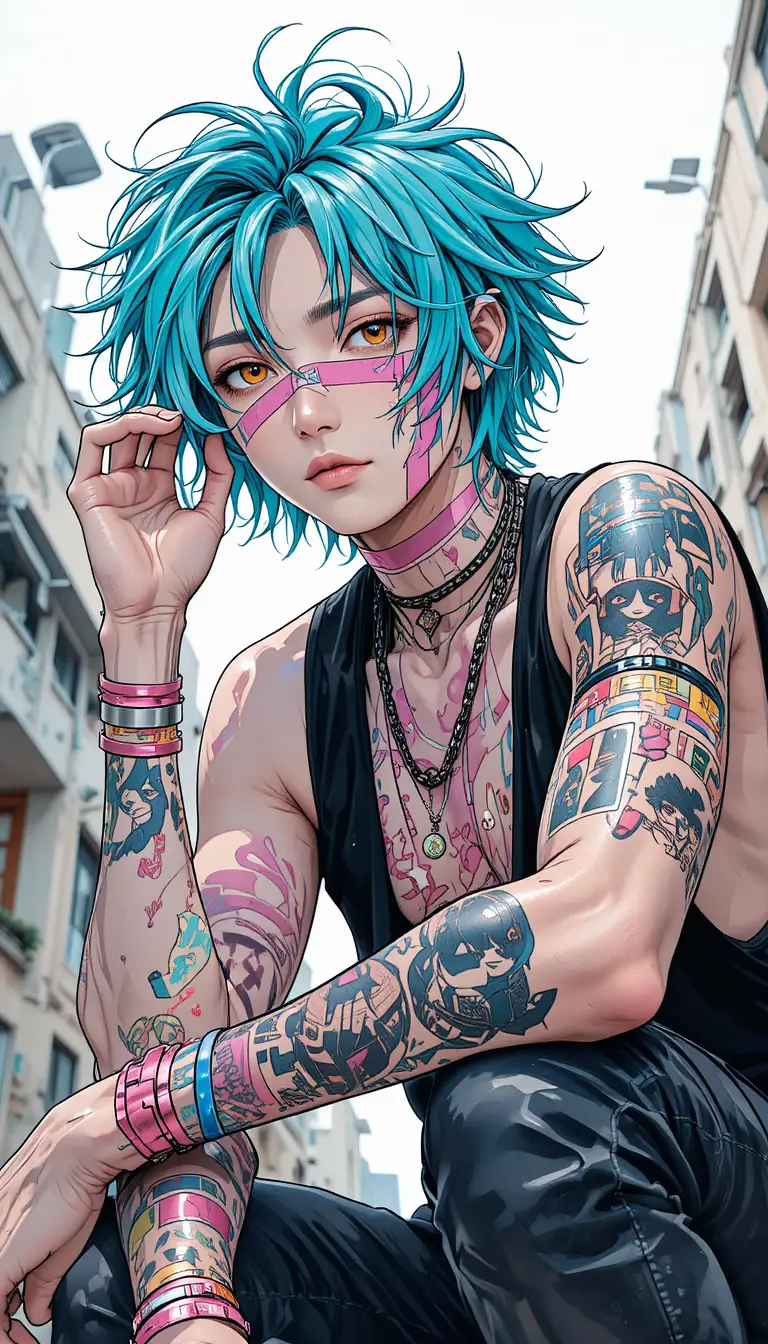 Anime decora boy with cyan hair and urban punk accessories