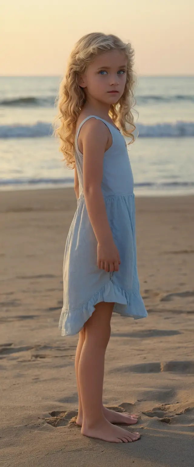Young blonde girl standing barefoot on a quiet beach