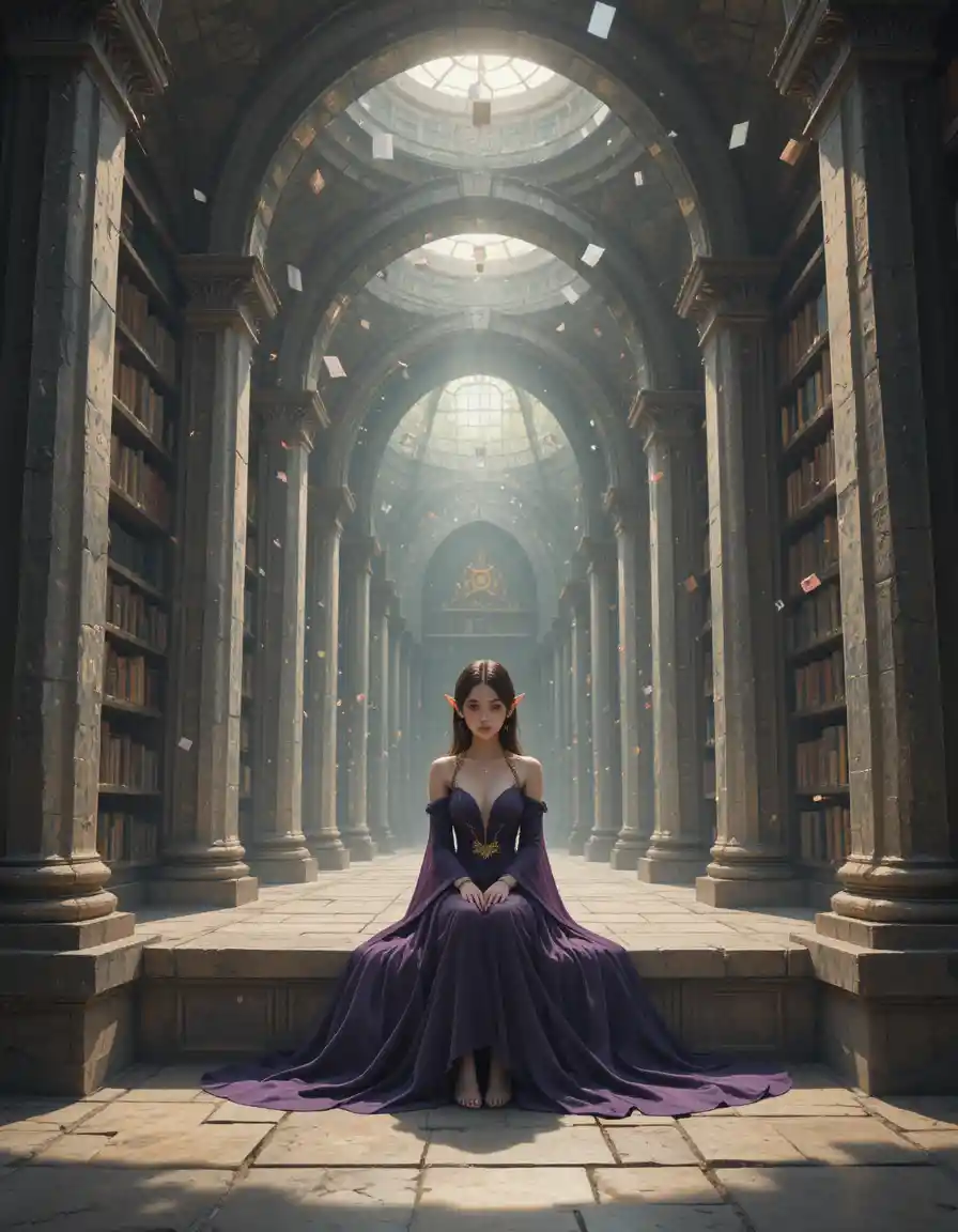 Fille elfe lisant dans une bibliothèque fantastique magique en plein air