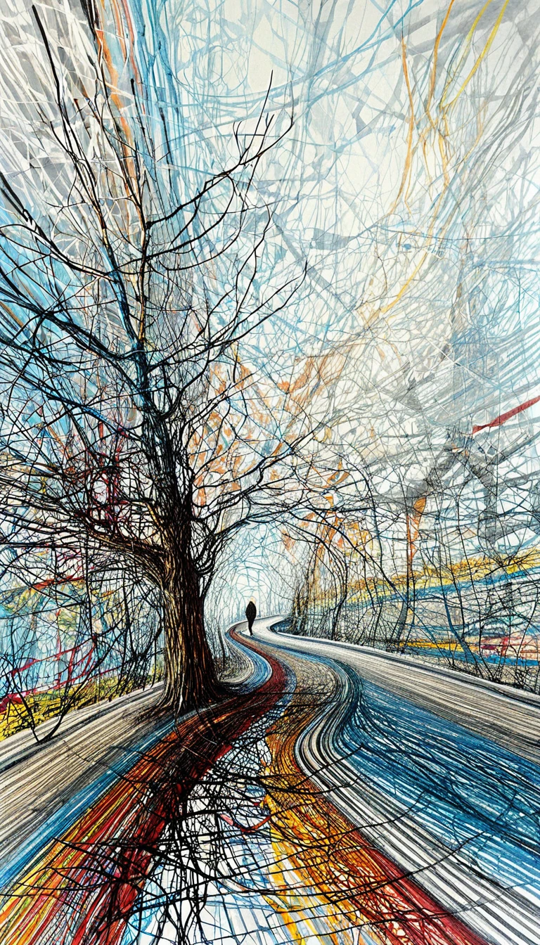 Abstract line art tree and winding path with lone figure