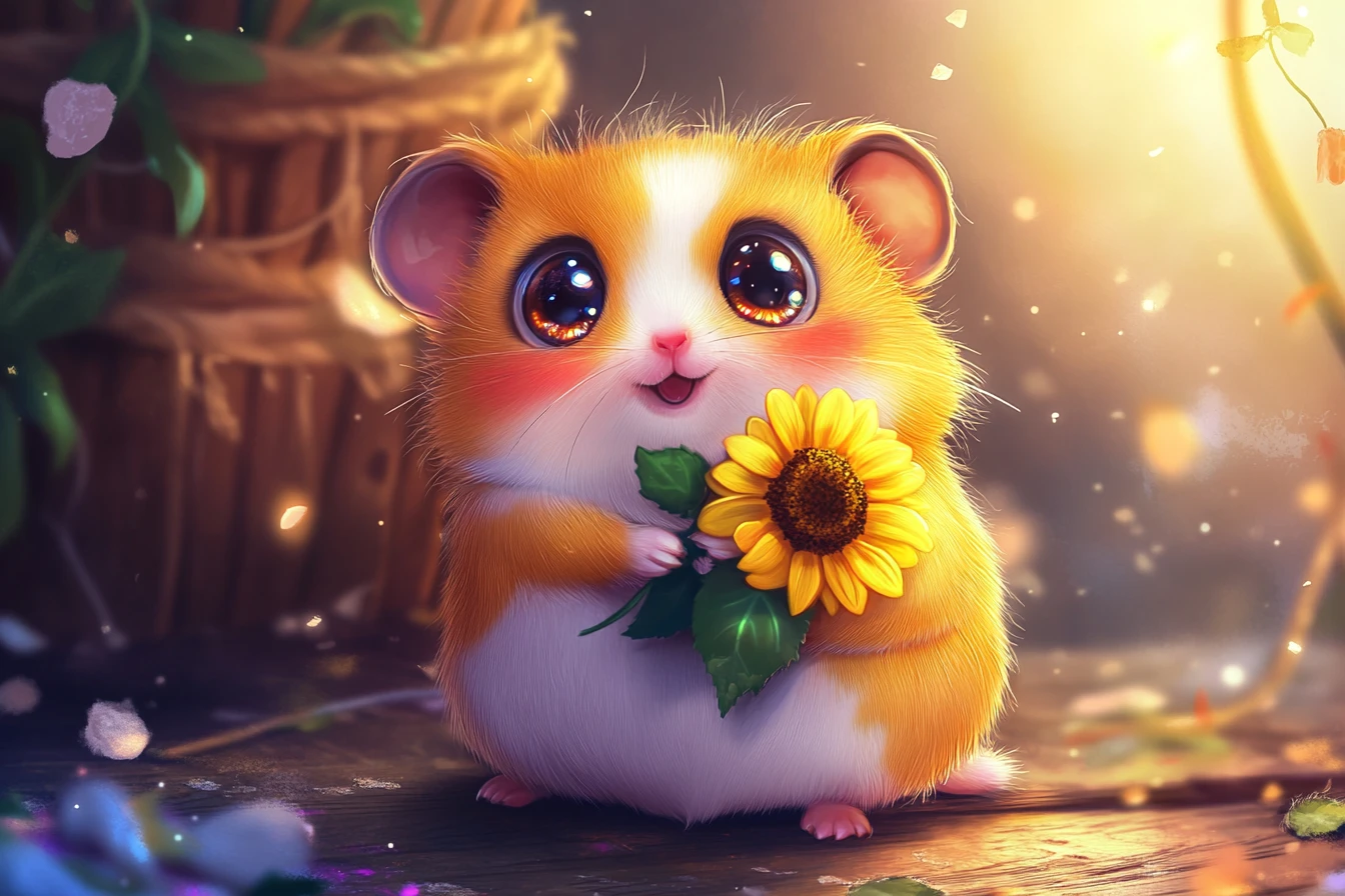 Adorable hámster enano sosteniendo un pequeño ramo de girasoles
