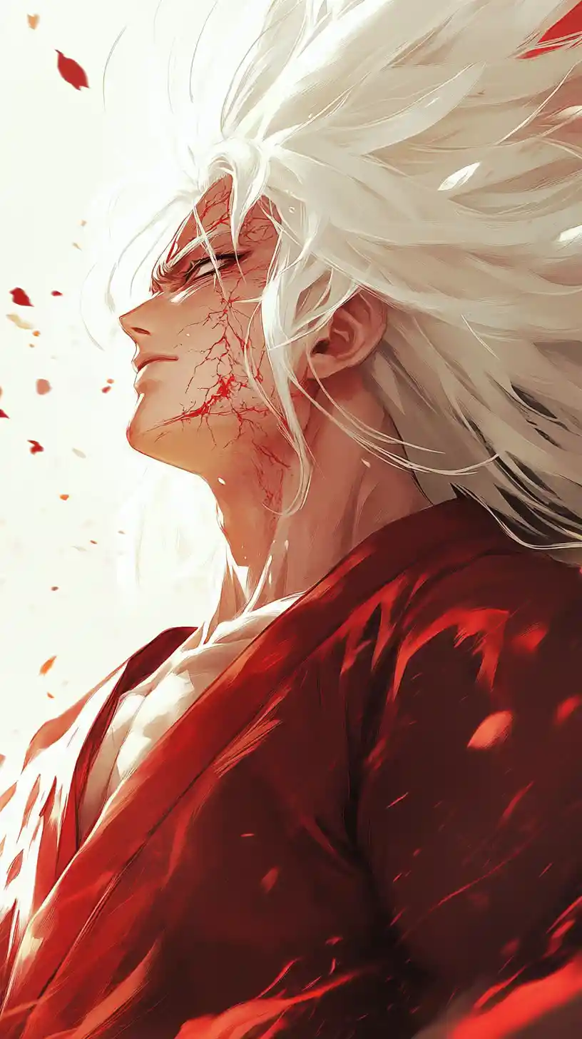 Anime warrior with crimson energy and porcelain cracked skin