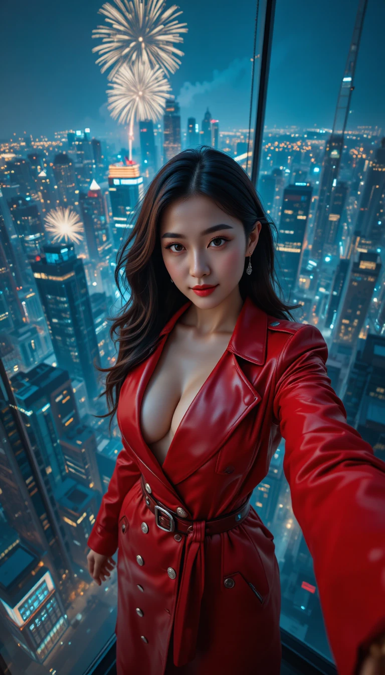 Stylish Korean agent taking a selfie over night city
