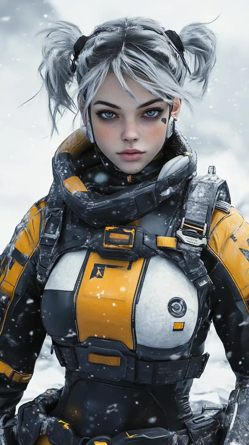 Futuristic warrior woman in snowy wasteland with blue eyes