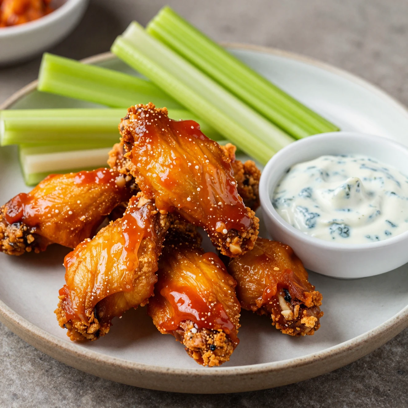 Buffalo chicken wings plated with celery and blue cheese