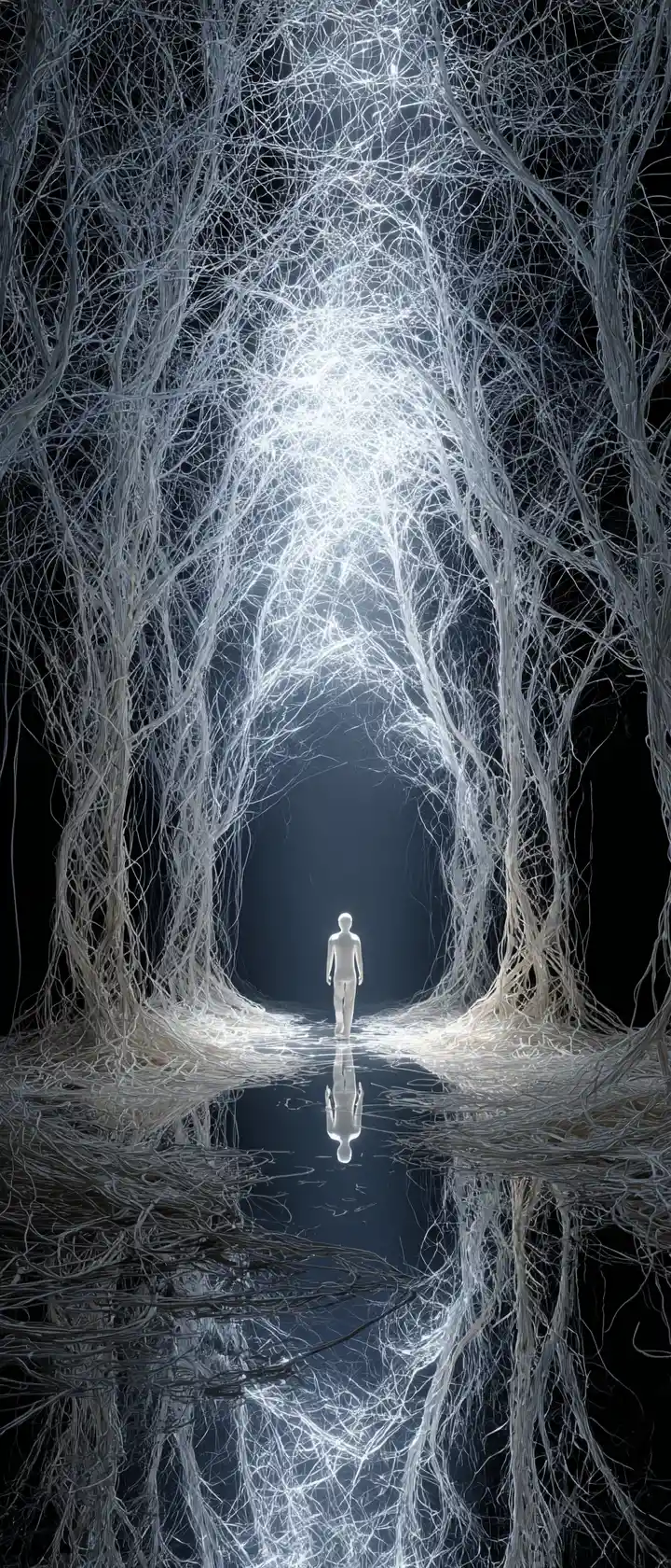 Luminous Figure Walking Through A Surreal Digital Forest