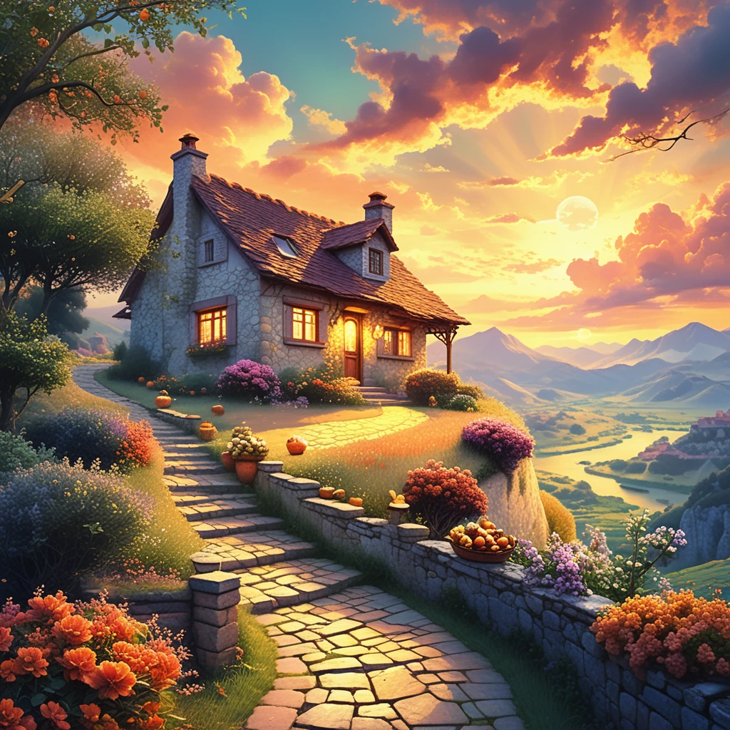Acogedora cabaña rural romántica al atardecer con ventanas iluminadas