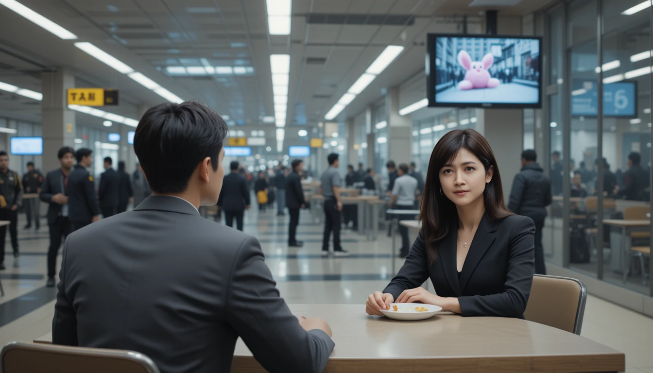 Young man meets woman at tense airport restaurant table