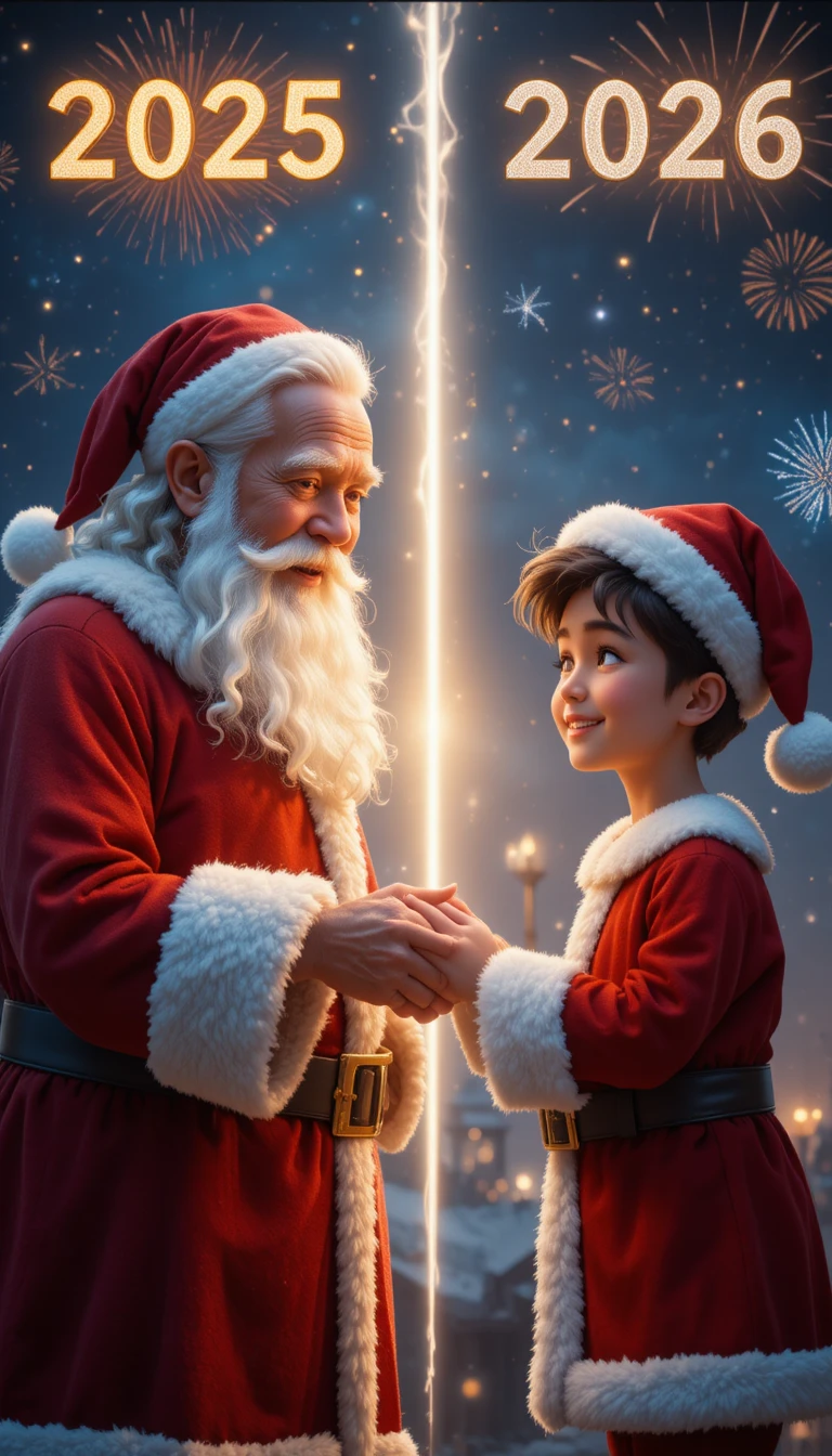 Weihnachtsmann grüßt einen Jungen unter festlichem Nachthimmel