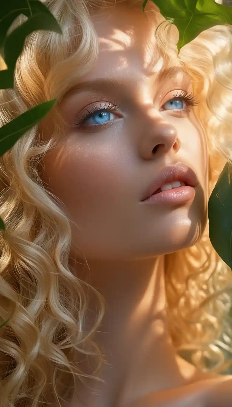 Blonde woman in dappled tropical sunlight portrait