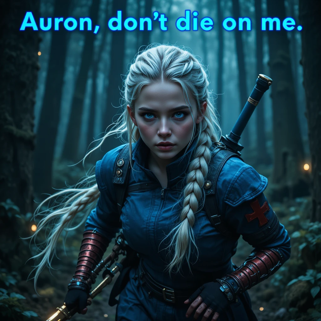 White haired girl with metal arm running in dark forest