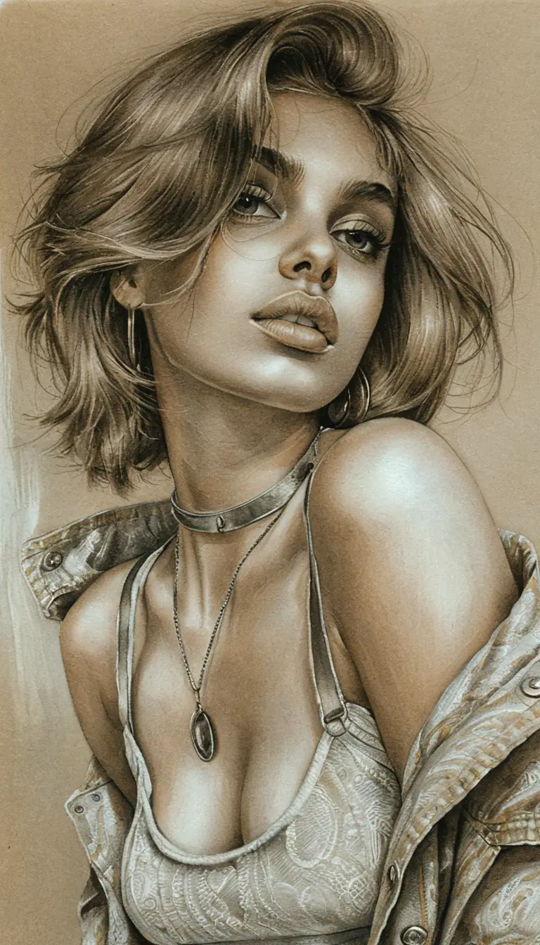 Portrait sensuel au graphite d’une jeune femme en veste en jean
