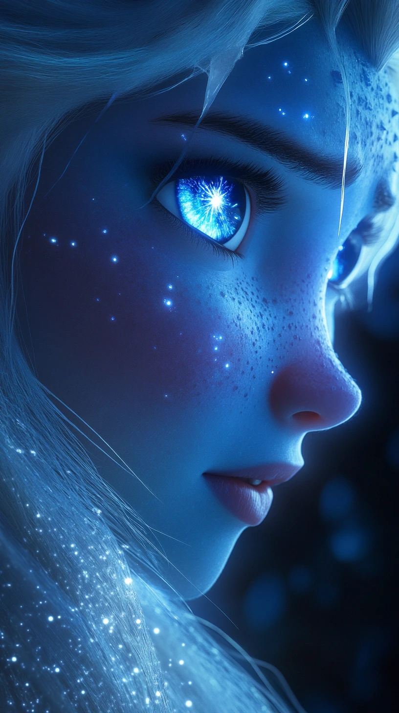 Mystical girl with glowing dragon eyes in darkness