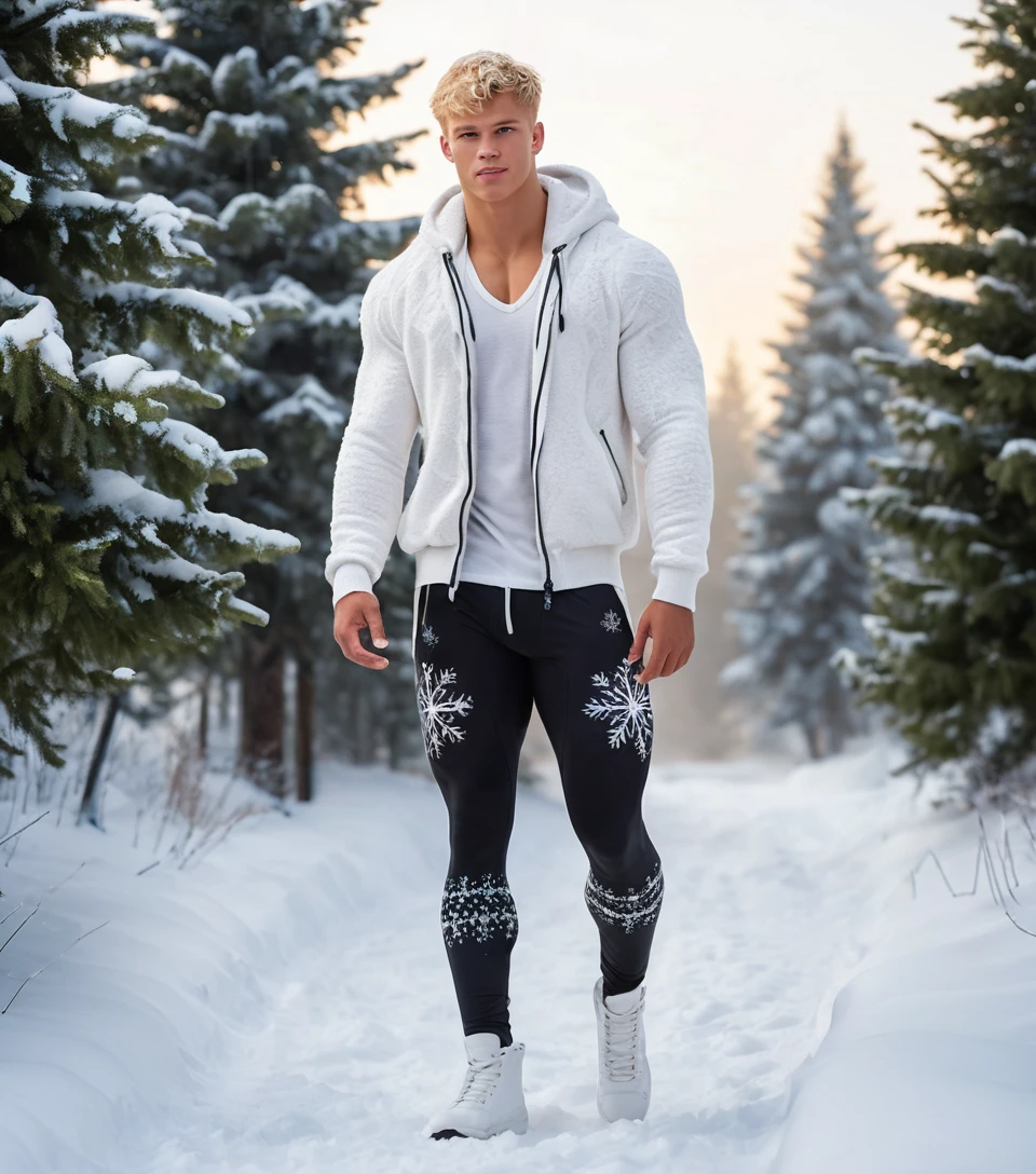 Joven con leggings de invierno caminando por un sendero nevado