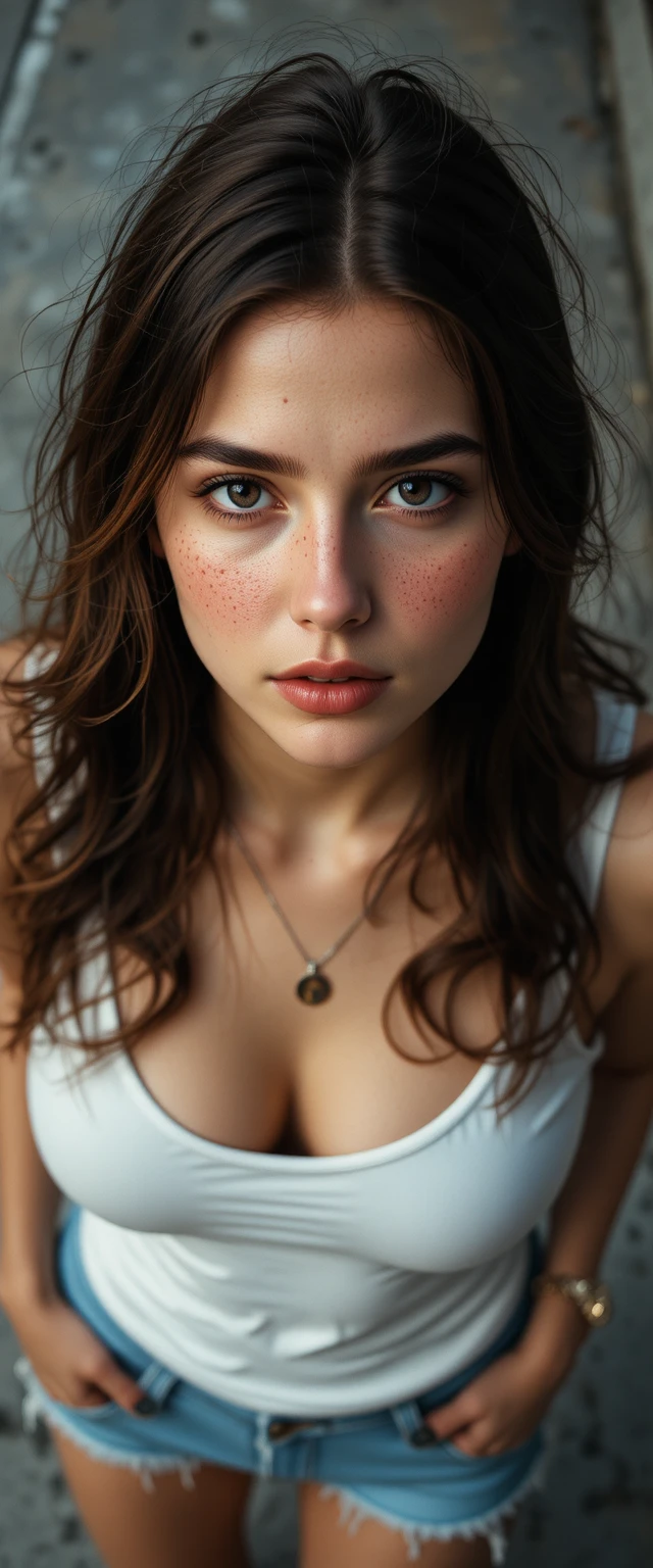 High angle cinematic portrait of a freckled young woman