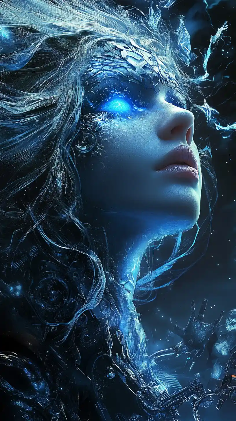Mystical dragon eyed girl in glowing icy armor