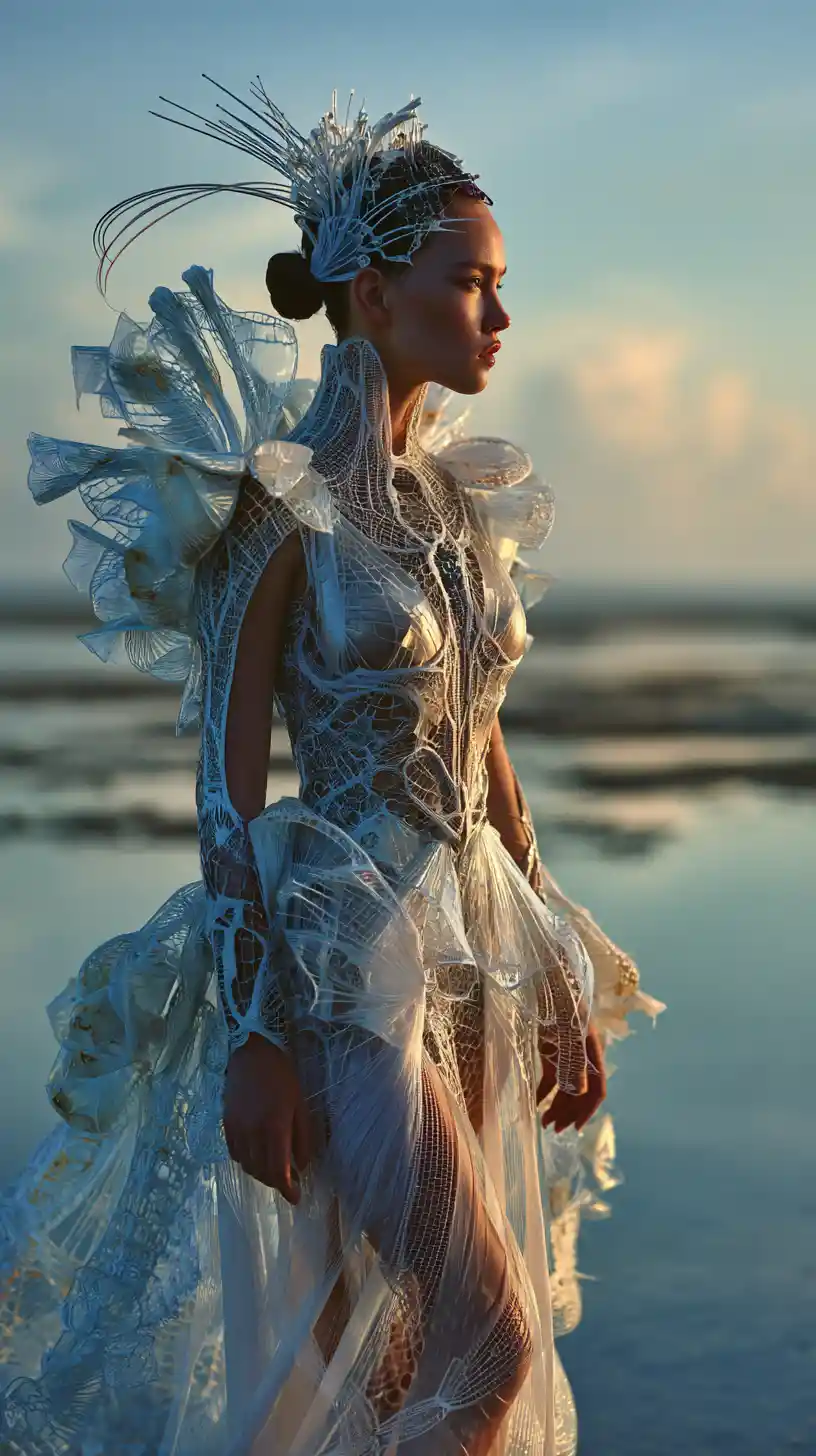 Futuristic couture woman in tidal pool at golden hour
