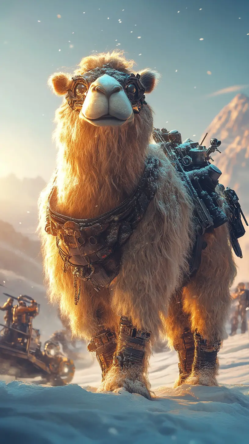 Cute fantasy camel creature in snowy winter landscape
