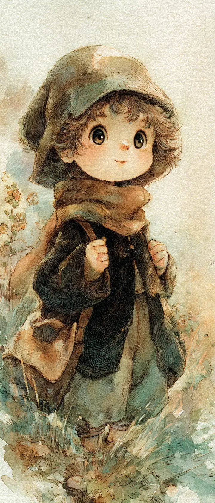 Gentle child character illustration in a soft meadow