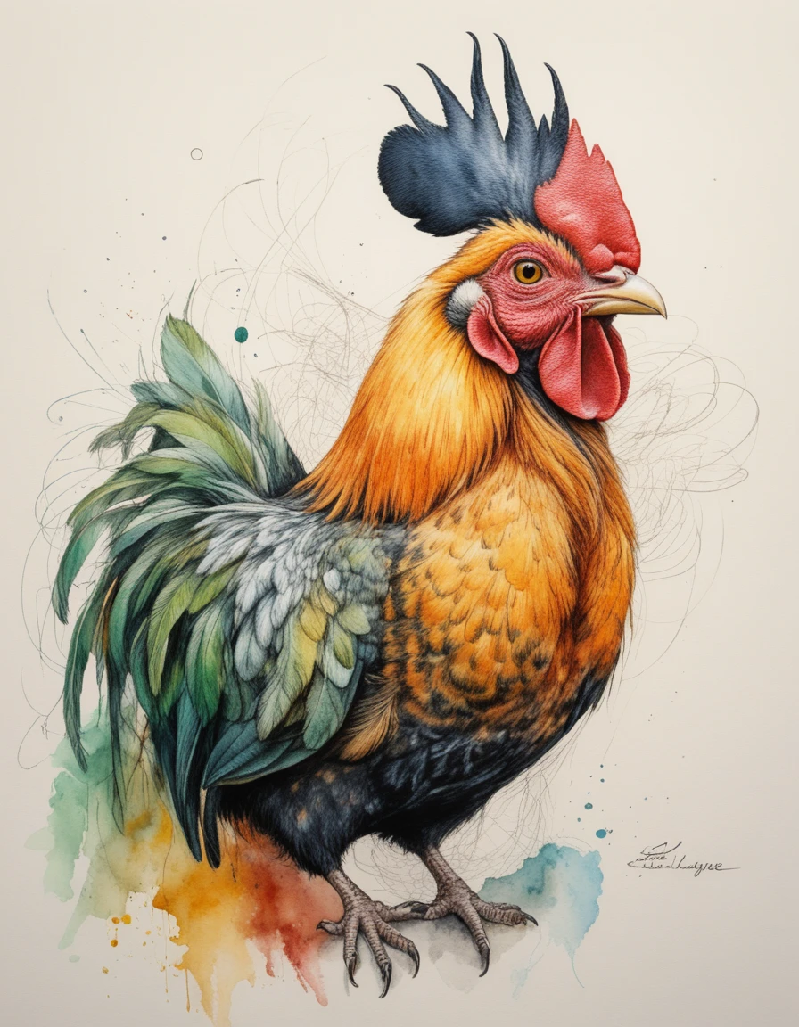 Gallo malinconico che cammina fiero in un'illustrazione a inchiostro e acquerello