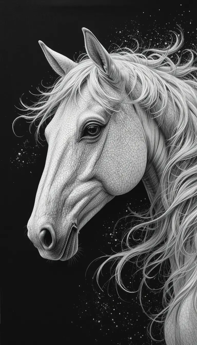 White arabian horse portrait on black paper with charcoal