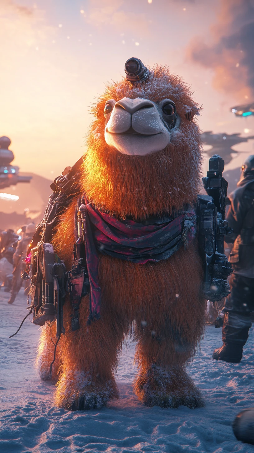 Joyful furry fantasy creature in snowy winter landscape
