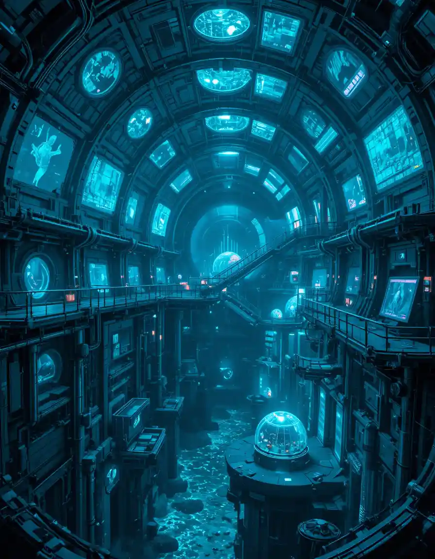 Base Subaquática Futurista com Cúpulas de Vidro em Néon