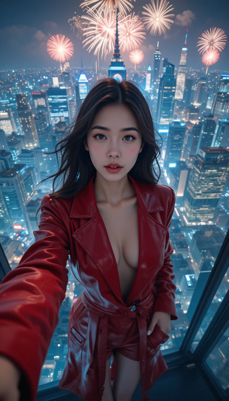 붉은 코트를 걸친 한국인 에이전트가 도시 위에서 셀카 촬영