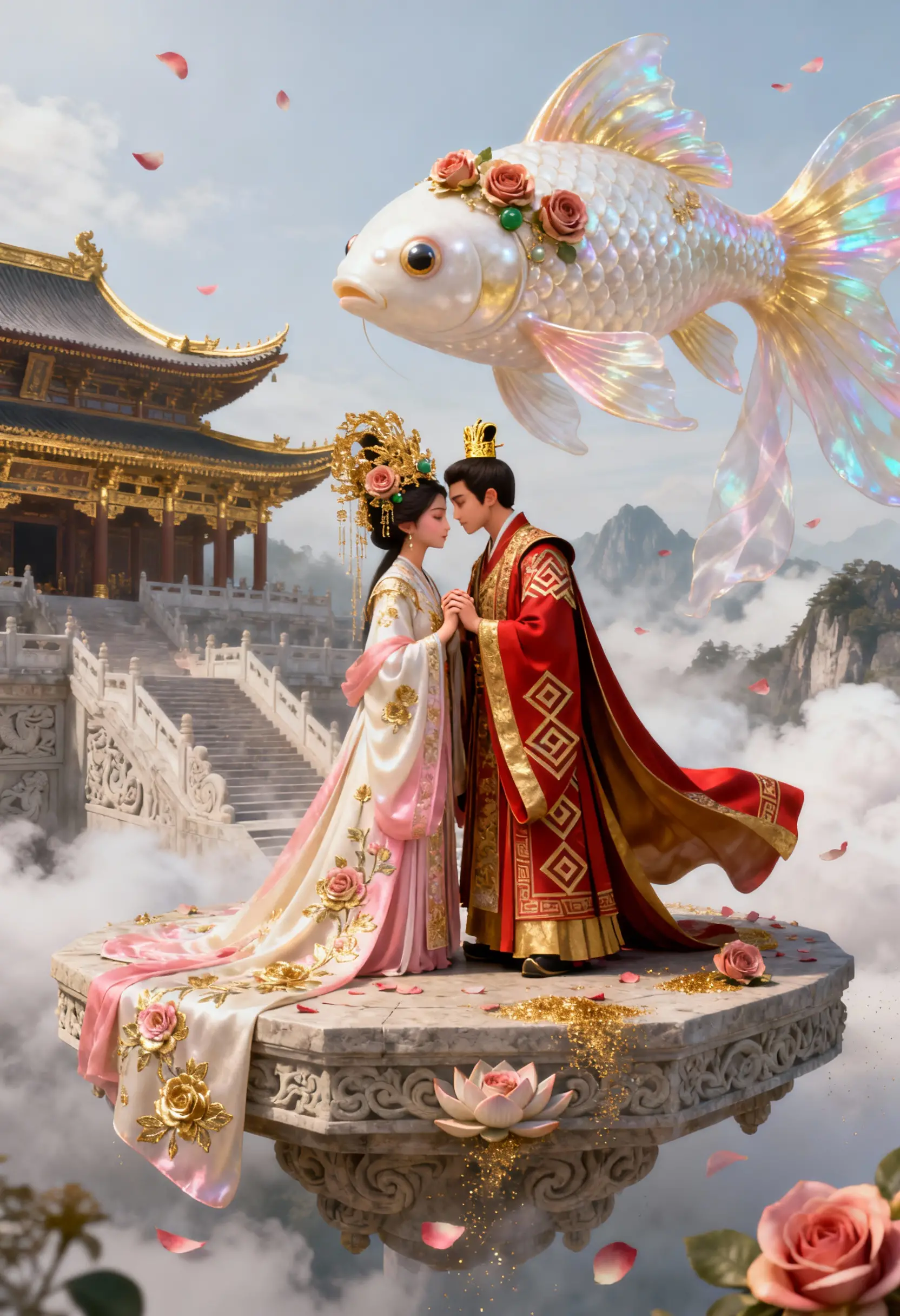 Imperial couple sharing a tender moment above the clouds
