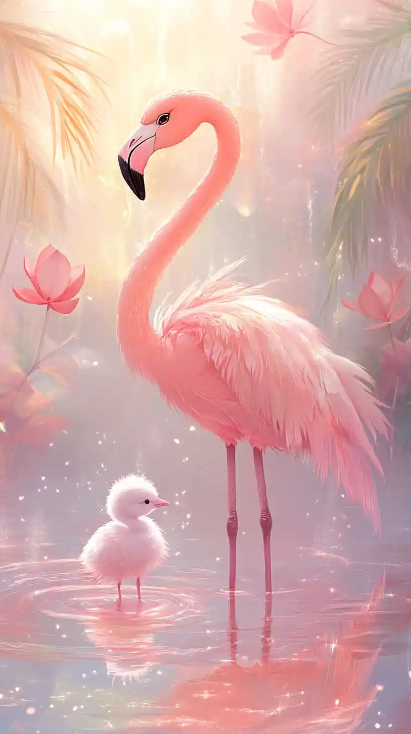 Kawaii flamingo mother sheltering chick in dreamy lagoon