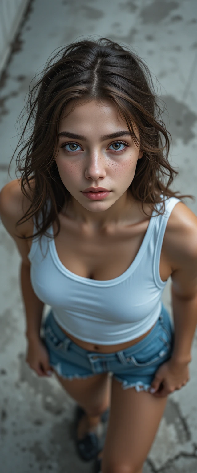 High angle cinematic portrait of a young freckled woman