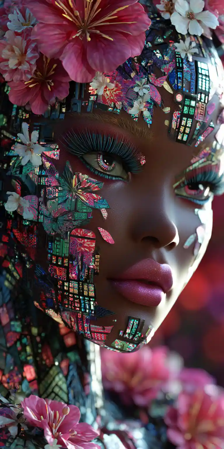 Floral cybernetic woman on staircase in luminous data glow